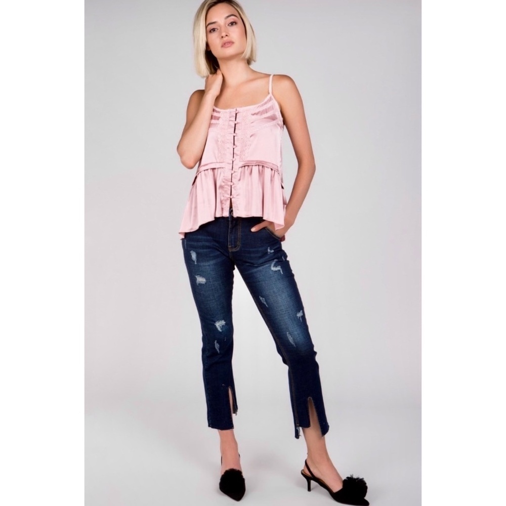 POL Pink Satin Button Front Cami Top with Lace - Picture 8 of 8